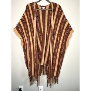 POL Anthropologie Plush Chenille Bohemian Stripe Raw Seam Fringe Open Cardigan M